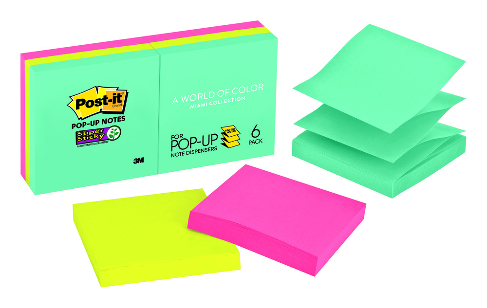 Post-it® Notas Adhesivas Pop-up Super Sticky Color Miami 3x3in con 6 blocks,90 hojas cada block, Modelo R330-6SSMIA