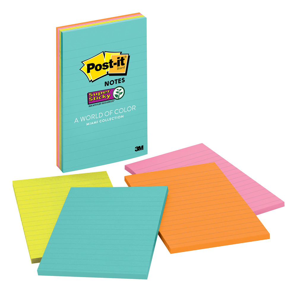 Post-it® Notas Super Adhesivas Color Miami 4x6in con 4 blocks,45 hojas cada block, Modelo 4621-SSMIA
